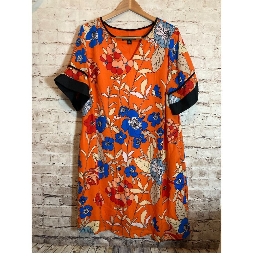 Danillo Boutique Dress Womens 14W Bright Orange Retro Florals Flared‎ Sleeve